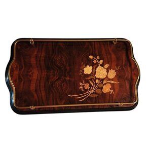 Vintage Sorrento MarqWood Inlay Floral Tray Rectangular Shaped With Brass Accent